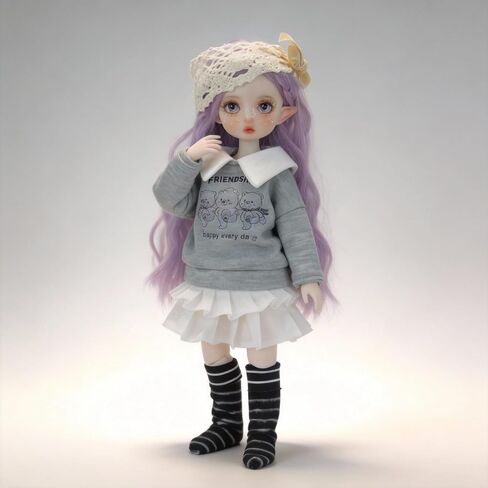 1/6 YoSD BJD Figure Outfit Set for 30cm Collectible – Soft Grey-Blue Sweater, Layered White Skirt & Crochet Headband, Doll Not Included in Saudi Arabia