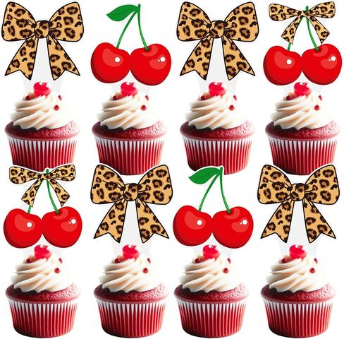 Cheetah and Cherry Bow Cupcake Toppers 48PCS Leopard Bow Brithday Decorations Cheetah Print Cherry Cupcake Picks Cherries Cake Decorations for Girls Fruit Themed Wedding Bachelorette Supplies in Saudi Arabia