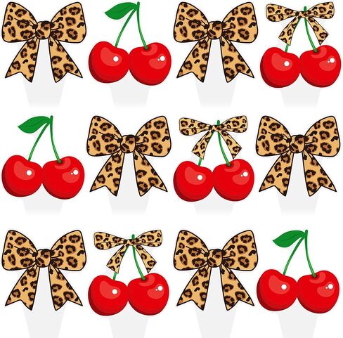 Cheetah and Cherry Bow Cupcake Toppers 48PCS Leopard Bow Brithday Decorations Cheetah Print Cherry Cupcake Picks Cherries Cake Decorations for Girls Fruit Themed Wedding Bachelorette Supplies in Saudi Arabia