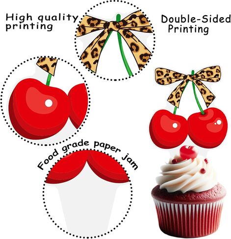 Cheetah and Cherry Bow Cupcake Toppers 48PCS Leopard Bow Brithday Decorations Cheetah Print Cherry Cupcake Picks Cherries Cake Decorations for Girls Fruit Themed Wedding Bachelorette Supplies in Saudi Arabia