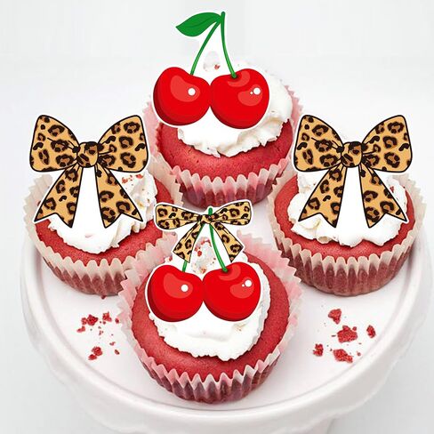 Cheetah and Cherry Bow Cupcake Toppers 48PCS Leopard Bow Brithday Decorations Cheetah Print Cherry Cupcake Picks Cherries Cake Decorations for Girls Fruit Themed Wedding Bachelorette Supplies in Saudi Arabia