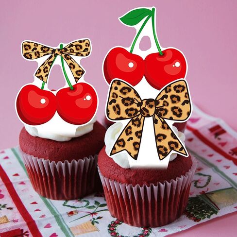 Cheetah and Cherry Bow Cupcake Toppers 48PCS Leopard Bow Brithday Decorations Cheetah Print Cherry Cupcake Picks Cherries Cake Decorations for Girls Fruit Themed Wedding Bachelorette Supplies in Saudi Arabia