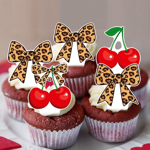 Cheetah and Cherry Bow Cupcake Toppers 48PCS Leopard Bow Brithday Decorations Cheetah Print Cherry Cupcake Picks Cherries Cake Decorations for Girls Fruit Themed Wedding Bachelorette Supplies in Saudi Arabia