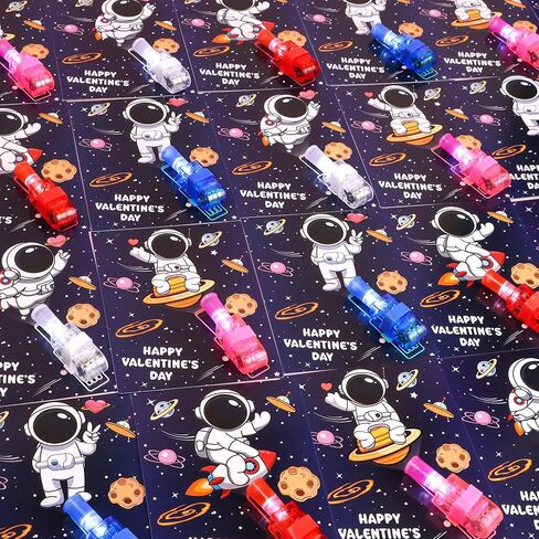 28 Pack Valentines Day Classroom Gifts for Kids - Valentines Day Cards with Space Astronaut Theme LED Finger Lights, Valentines Party Favors School Class Exchange Prizes for Boys Girls in Saudi Arabia