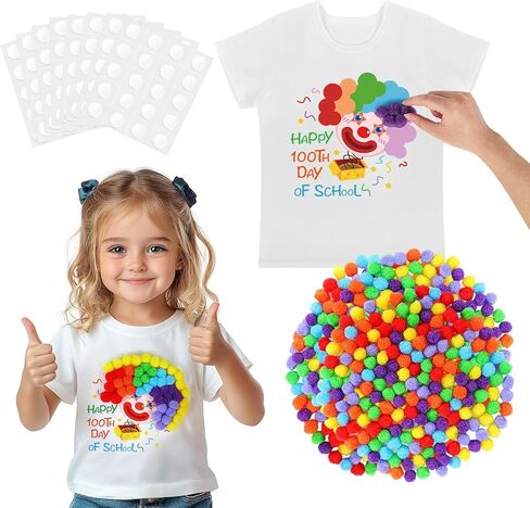 طقم تي شيرت Cosweet 100th Day of School DIY، مهرج/قوس قزح مع كرات بوم ملونة ودوائر لاصقة للأطفال من 3 إلى 10، قميص مبتكر in Saudi Arabia