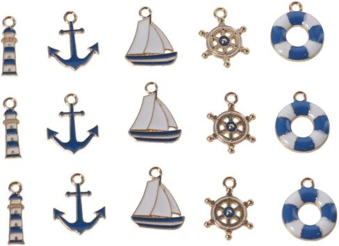 50Pcs Nautical Collection Charms, 5 Styles Ocean Themed Anchor Charm Pendants Ship Helm Sailor Navy Boat Charms for Jewelry Making in Saudi Arabia