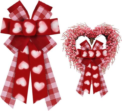 ALIBBON Large Valentine's Day Bows for Wreaths, Valentines Wreath Bows, Valentines Heart Bows, Red Pink Buffalo Plaid Bows for Front Door, Valentines Decor, Holiday Craft Bows for Indoor Outdoor Decor in Saudi Arabia