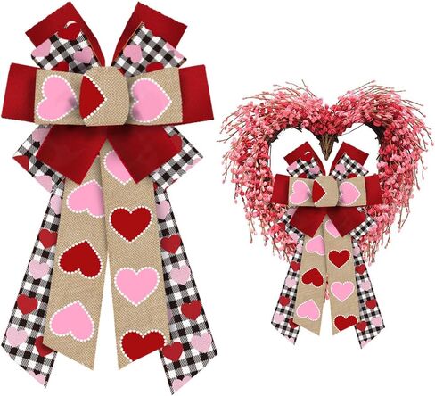 ALIBBON Large Valentine's Day Bows for Wreaths, Valentines Wreath Bows, Valentines Heart Bows, Red Pink Buffalo Plaid Bows for Front Door, Valentines Decor, Holiday Craft Bows for Indoor Outdoor Decor in Saudi Arabia