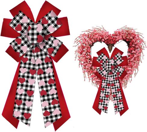 ALIBBON Large Valentine's Day Bows for Wreaths, Valentines Wreath Bows, Valentines Heart Bows, Red Pink Buffalo Plaid Bows for Front Door, Valentines Decor, Holiday Craft Bows for Indoor Outdoor Decor in Saudi Arabia