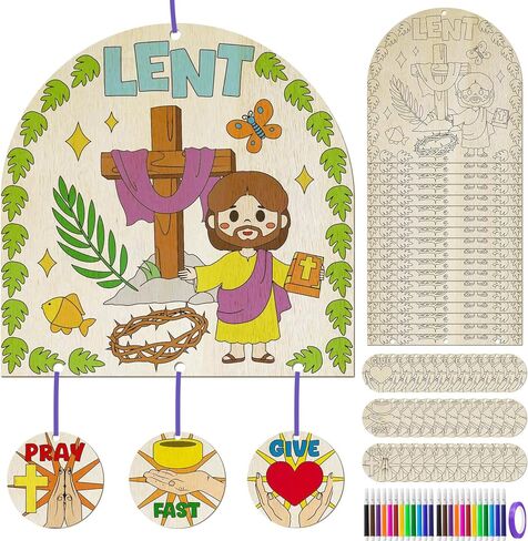 Cinrobiye 24 Sets Lent Crafts Kits Color Your Own Wooden DIY Lent Hanging Sign with Pray Fast Give for Home Classroom Sunday School Christian Easter Party Decoration VBS Art Projects Supplies in Saudi Arabia