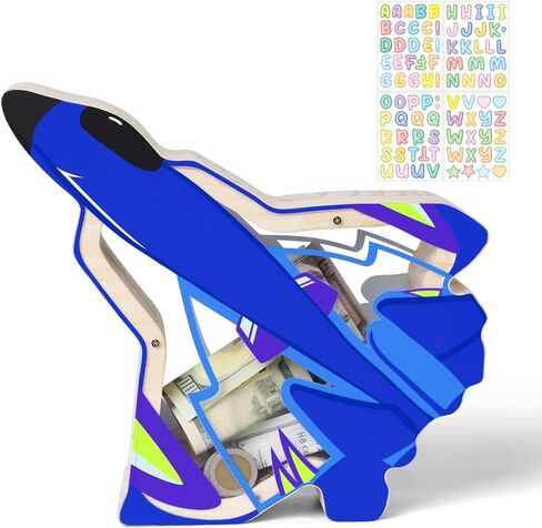 Wooden Airplane Piggy Bank for Kids, Plane Money Box for Boys, Unbreakable Toddler Saving Coin Jar, Educational Toys for Boys, Girls, Kids Coin Bank with Letter Stickers for Birthday, Easter in Kuwait