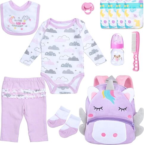 12 Pcs Reborn Baby Dolls Clothes Girl Outfit Accessories Purple Unicorn Theme Set for 17-22 Inch Newborn Baby Girl Reborn Dolls Clothes with Unicorn Backpack in Saudi Arabia