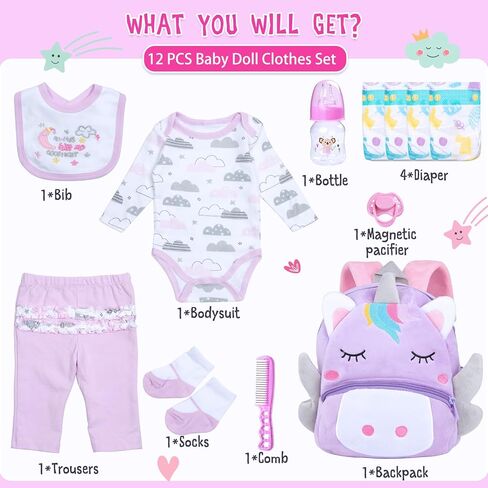 12 Pcs Reborn Baby Dolls Clothes Girl Outfit Accessories Purple Unicorn Theme Set for 17-22 Inch Newborn Baby Girl Reborn Dolls Clothes with Unicorn Backpack in Saudi Arabia
