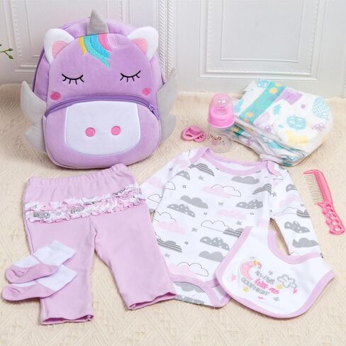 12 Pcs Reborn Baby Dolls Clothes Girl Outfit Accessories Purple Unicorn Theme Set for 17-22 Inch Newborn Baby Girl Reborn Dolls Clothes with Unicorn Backpack in Saudi Arabia