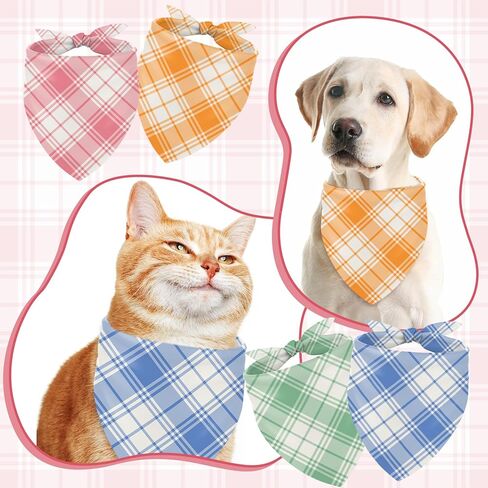 Whaline 4Pcs Pastel Plaid Dog Bandana Triangle Pet Scarf Adjustable Puppy Neckerchief Pink Blue Green Orange Dog Bib for Spring Medium Large Cat Costume Accessories in Saudi Arabia