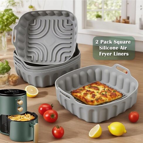 2 PCS Air Fryer Silicone Liners, 8 Inch Square Silicone Air Fryer Liners Pot with 2 PCS Heat-Resistant Grabber, Reusable Non-Stick Basket Tray Pots for 4-7 Qt in Saudi Arabia