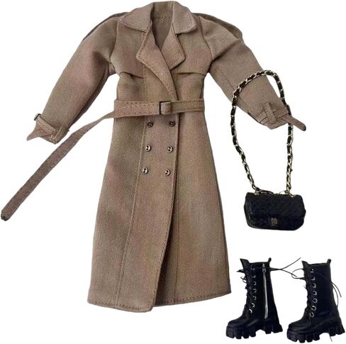 Classic Trench Coat Outfit Set for 11.5-12 Inch Fashion Dolls, Khaki Double-Breasted Coat with Belt, Quilted Handbag, Black Lace-Up Ankle Boots, 1/6 Scale Doll Accessories in Saudi Arabia