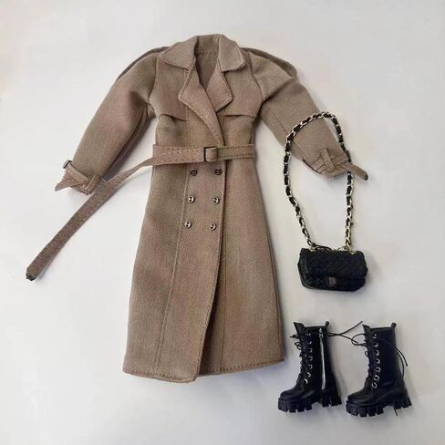 Classic Trench Coat Outfit Set for 11.5-12 Inch Fashion Dolls, Khaki Double-Breasted Coat with Belt, Quilted Handbag, Black Lace-Up Ankle Boots, 1/6 Scale Doll Accessories in Saudi Arabia