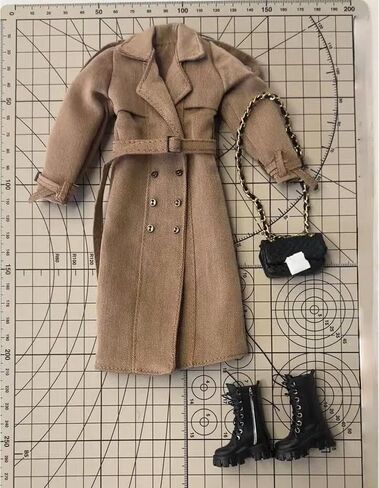 Classic Trench Coat Outfit Set for 11.5-12 Inch Fashion Dolls, Khaki Double-Breasted Coat with Belt, Quilted Handbag, Black Lace-Up Ankle Boots, 1/6 Scale Doll Accessories in Saudi Arabia