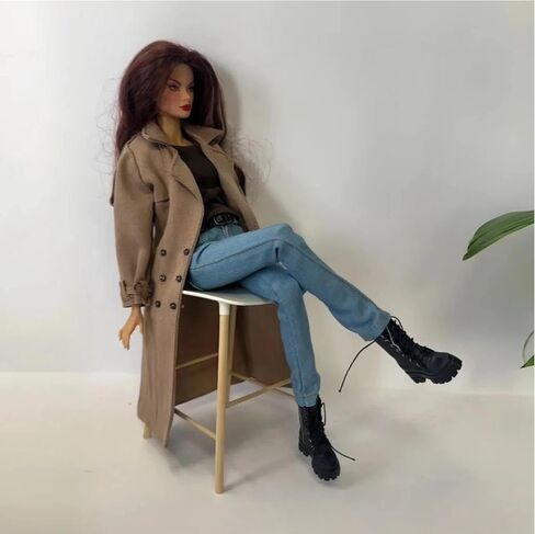 Classic Trench Coat Outfit Set for 11.5-12 Inch Fashion Dolls, Khaki Double-Breasted Coat with Belt, Quilted Handbag, Black Lace-Up Ankle Boots, 1/6 Scale Doll Accessories in Saudi Arabia