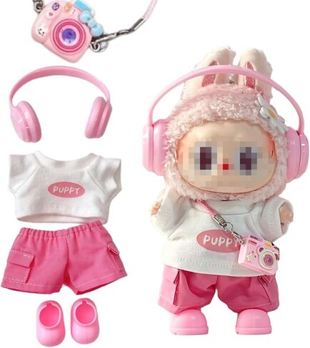 for Labubu Dolls Cute Puppy Themed Sporty Casual Outfit - Includes White T-Shirt Shorts Headphones and Shoes (Pink Set with Camera and Headphone) in Saudi Arabia