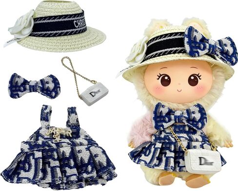 مجموعة ملابس الدمية (بدون دمية)، قبعة قصيرة من القش، حقيبة كروس، فستان، مناسب للدمى مقاس 15-17 سم، مجموعة إكسسوارات ملابس بتصميم علامة تجارية فاخرة in Kuwait