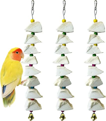 3 Pack Bird Chewing Toy Cuttlebone Parrot Toy with Bell Hanging Bird Beak Grinding Stone Parakeet Cage Accessories for Small & Medium Budgies Lovebirds Cockatiels (Block, 6 Per Skewer) in Kuwait