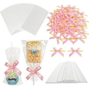 Roxjaejae 150 Pcs Cake Pop Kit, Paper Cake Pop Sticks with Clear Cellophane Bags and Pink Bow Twist Ties, Cake Pops Making Tools for Lollipops, Candies, Chocolates, Cookies, DIY Desserts in Saudi Arabia