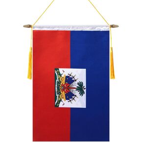 راية حائط هايتي مقاس 18 × 12 بوصة، عمود تعليق خشبي ولمسة نهائية مزدوجة من الساتان، علم هايتي معلق، لغرفة المنزل، والفصول المدرسية، والنادي والباب in Kuwait