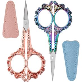 2Pcs Stainless Steel Sewing Scissors - Vintage Small Craft Scissors with Leather Sheath, Sharp Tip Crochet Scissor with Cover for Craft Artwork, Embroidery, Cross Stitch & DIY Projects (Vintage) in Saudi Arabia