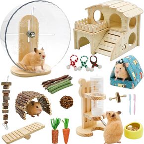 32 Pcs Hamster Cage Accessories, Silent Hamster Wheel, 22 Chew Toys Set, Wooden Hideout, Fleece House, Water Bottle Set, Ceramic Food Bowl for Rat Mice Small Animals Habitat Decor in Kuwait