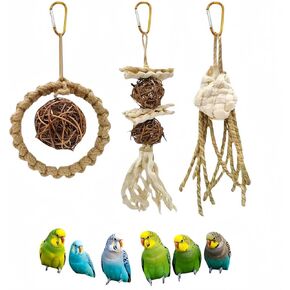 DEYUSHI 3 Pack Natural Straw Rope Hanging Bird Toys Bird Chew Shred Foraging Toys Parakeet Toys Parrot Toys Conure Cockatiel Budgie Lovebird Bird Cage Accessories in Saudi Arabia
