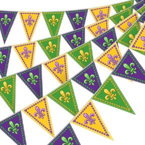 HESTYA 5 Pieces 49 Feet Mardi Gras Pennant Banner Party Decorations Gold Green Purple Fleur-de-lis Triangle Flags Bunting Banners for Mardi Gras Carnival Masquerade Party Decor Indoor Outdoor Supplies in Kuwait