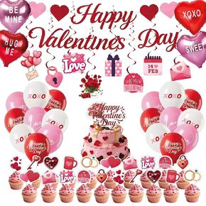 Happy Valentines Day Decorations Party Set Red Heart Decor - Themed Red Pink Balloons Banner Cake Topper Cupcake Toppers Foil Balloons Hanging Swirls Ornaments Valentine Supplies Stuff in Saudi Arabia