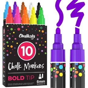 علامات الطباشير السائلة ذات الطرف المزدوج من تشالكولا للسبورة (10 عبوات، 1 مم + 5 مم رفيعة، جريئة) - أقلام تحديد المسح الجاف لعلامات السبورة، ونوافذ السيارات، والزجاج، والمرايا - علامات السبورة القابلة للمسح in Kuwait