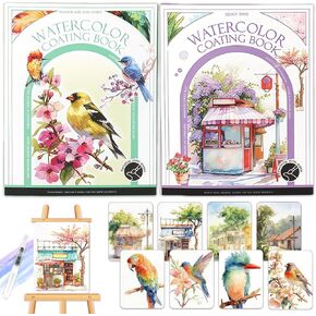 NaTuGi 2Pac Watercolor Workbook for Adults,Watercolor Coloring Book,Portable Watercolor Painting Books,Creative Stress Relief Kit,Suitable for Beginners Birthday Gift(Birds and Time) in Saudi Arabia