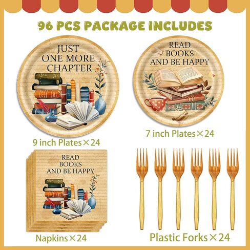 96 Pcs Reading Party Supplies for Kids Teens Read Book Theme Birthday Party Decorations Tableware Set Includes Plates Napkins Forks for 24 Guests in Saudi Arabia