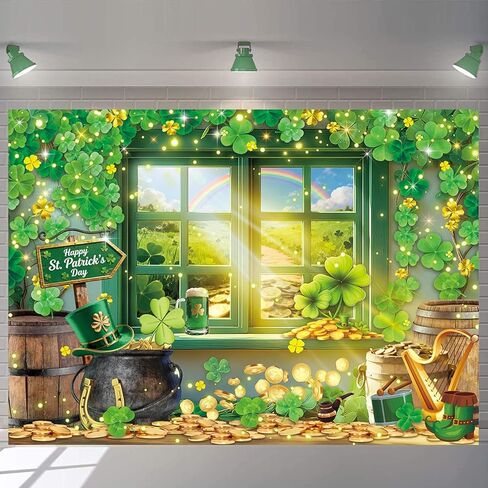 St. Patrick's Day Backdrop Spring Window Shamrock Rainbow Gold Coins Photography Background Green Lucky Irish Clover Banner for St. Patrick's Day Party Decorations Supplies (7x5FT: 84x60 inch) in Saudi Arabia