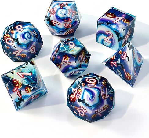 مجموعة نرد متعدد السطوح للهالوين - نرد آر بي جي مكون من 7 قطع مع خفاش مخيف، يقطين وتصميمات ويب لألعاب الطاولة DND Dungeons and Dragons in Kuwait