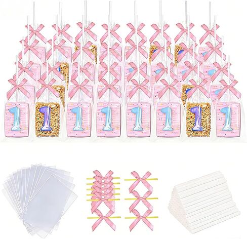 WALIFEVA 50 Set Pink Cake Pop Kit & Crispy Rice Treat Bags: 4x6 Clear Cellophane Packaging with 6" Sturdy Sticks & Cute Pink Bow Ties – Individual Wraps for Girl Birthday, Baby Shower Favors in Saudi Arabia