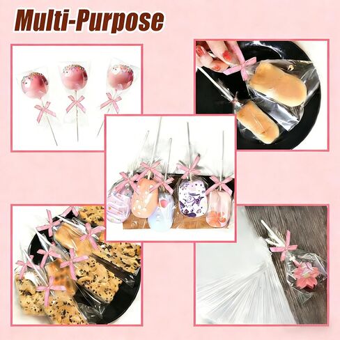 WALIFEVA 50 Set Pink Cake Pop Kit & Crispy Rice Treat Bags: 4x6 Clear Cellophane Packaging with 6" Sturdy Sticks & Cute Pink Bow Ties – Individual Wraps for Girl Birthday, Baby Shower Favors in Saudi Arabia