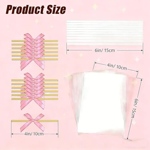WALIFEVA 50 Set Pink Cake Pop Kit & Crispy Rice Treat Bags: 4x6 Clear Cellophane Packaging with 6" Sturdy Sticks & Cute Pink Bow Ties – Individual Wraps for Girl Birthday, Baby Shower Favors in Saudi Arabia