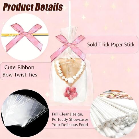 WALIFEVA 50 Set Pink Cake Pop Kit & Crispy Rice Treat Bags: 4x6 Clear Cellophane Packaging with 6" Sturdy Sticks & Cute Pink Bow Ties – Individual Wraps for Girl Birthday, Baby Shower Favors in Saudi Arabia