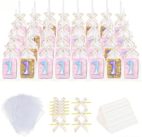 WALIFEVA 50 Set Pink Cake Pop Kit & Crispy Rice Treat Bags: 4x6 Clear Cellophane Packaging with 6" Sturdy Sticks & Cute Pink Bow Ties – Individual Wraps for Girl Birthday, Baby Shower Favors in Saudi Arabia