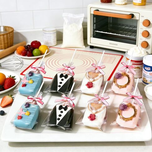 WALIFEVA 50 Set Pink Cake Pop Kit & Crispy Rice Treat Bags: 4x6 Clear Cellophane Packaging with 6" Sturdy Sticks & Cute Pink Bow Ties – Individual Wraps for Girl Birthday, Baby Shower Favors in Saudi Arabia