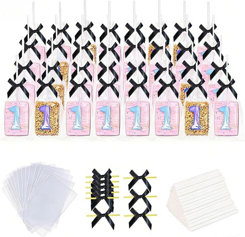 WALIFEVA 50 Set Pink Cake Pop Kit & Crispy Rice Treat Bags: 4x6 Clear Cellophane Packaging with 6" Sturdy Sticks & Cute Pink Bow Ties – Individual Wraps for Girl Birthday, Baby Shower Favors in Saudi Arabia