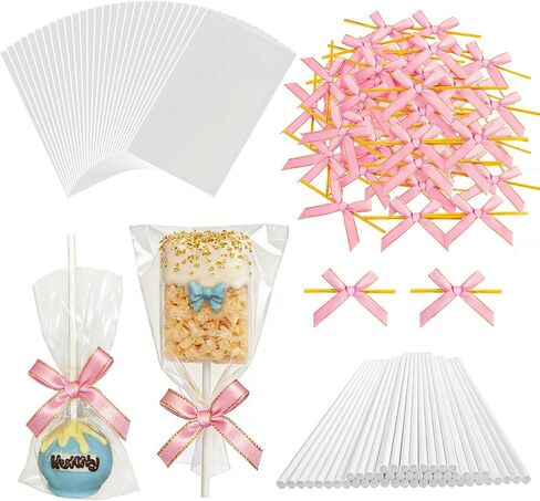 Roxjaejae 150 Pcs Cake Pop Kit, Paper Cake Pop Sticks with Clear Cellophane Bags and Pink Bow Twist Ties, Cake Pops Making Tools for Lollipops, Candies, Chocolates, Cookies, DIY Desserts in Saudi Arabia