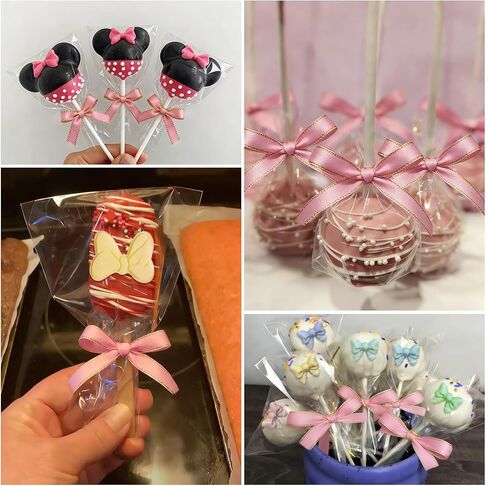 Roxjaejae 150 Pcs Cake Pop Kit, Paper Cake Pop Sticks with Clear Cellophane Bags and Pink Bow Twist Ties, Cake Pops Making Tools for Lollipops, Candies, Chocolates, Cookies, DIY Desserts in Saudi Arabia