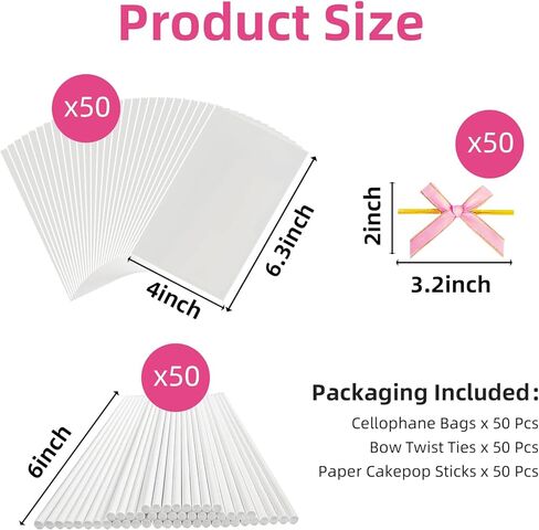Roxjaejae 150 Pcs Cake Pop Kit, Paper Cake Pop Sticks with Clear Cellophane Bags and Pink Bow Twist Ties, Cake Pops Making Tools for Lollipops, Candies, Chocolates, Cookies, DIY Desserts in Saudi Arabia