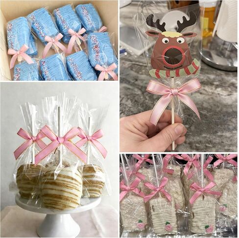 Roxjaejae 150 Pcs Cake Pop Kit, Paper Cake Pop Sticks with Clear Cellophane Bags and Pink Bow Twist Ties, Cake Pops Making Tools for Lollipops, Candies, Chocolates, Cookies, DIY Desserts in Saudi Arabia